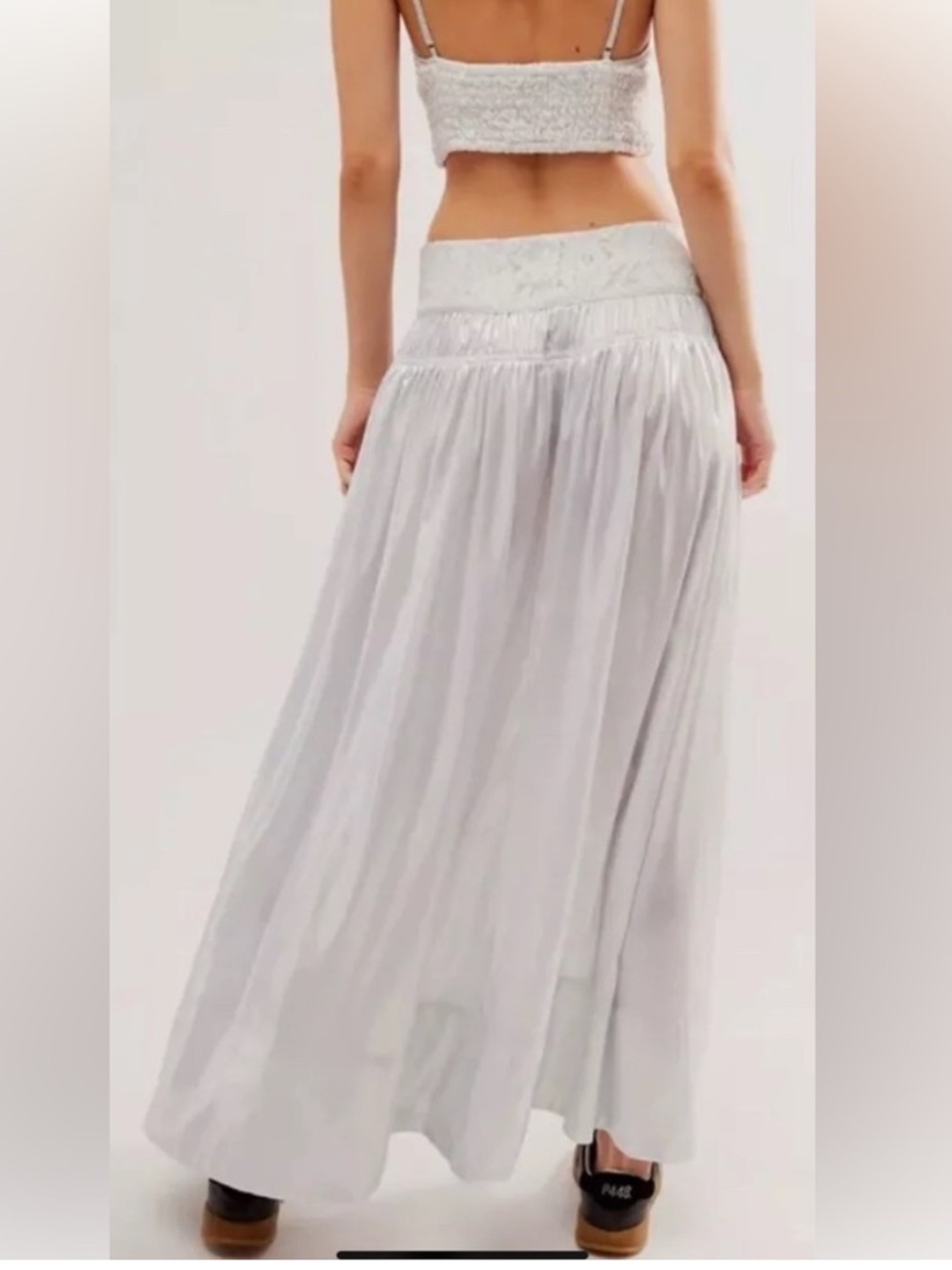 Free People Aster White Sateen Lace Smocked Waist Maxi Skirt